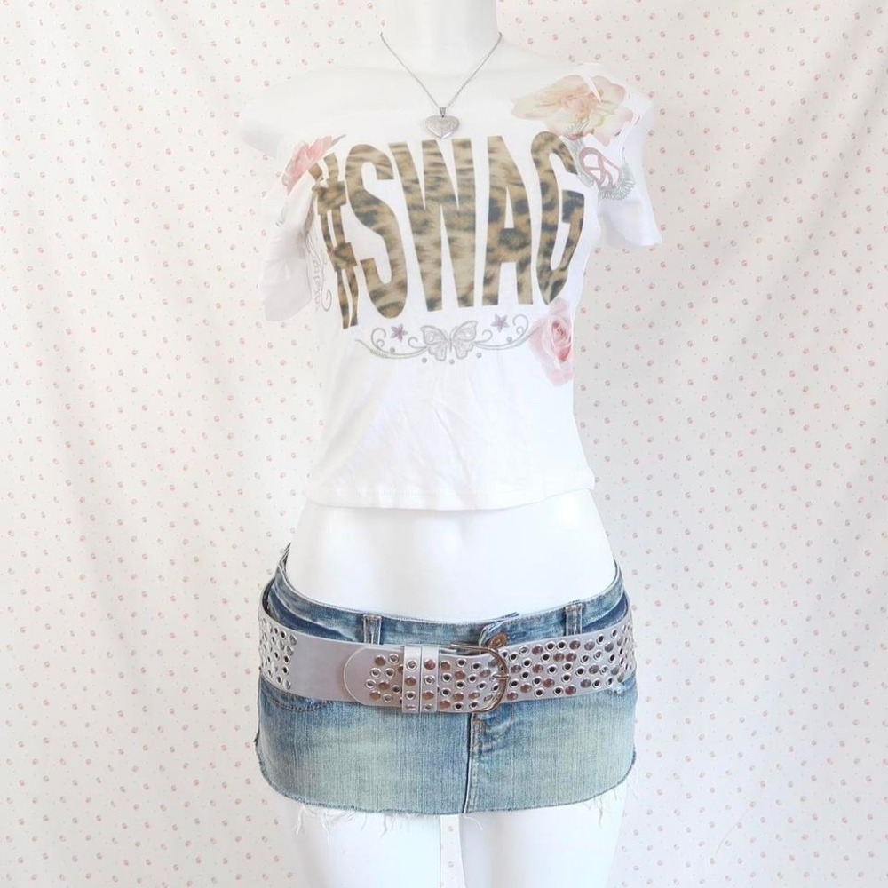 y2k swag graphic off shoulder top cheetah print butterfly rhinestone baby tee